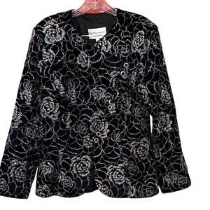 Vintage Nah Nah Collections Women's Black and Silver Floral Jacket Glitter 10
